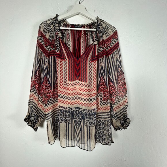 Lucky Brand Tops - Lucky Brand Womens Boho Print Gauze Split Neck Ruffle Trim Blouse Top XS NWOT